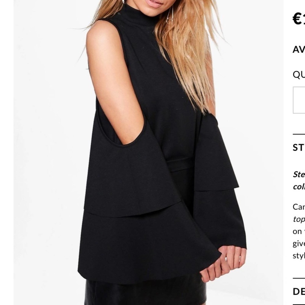 Boohoo Cold Shoulder Tiered Sleeve Top in black size 6